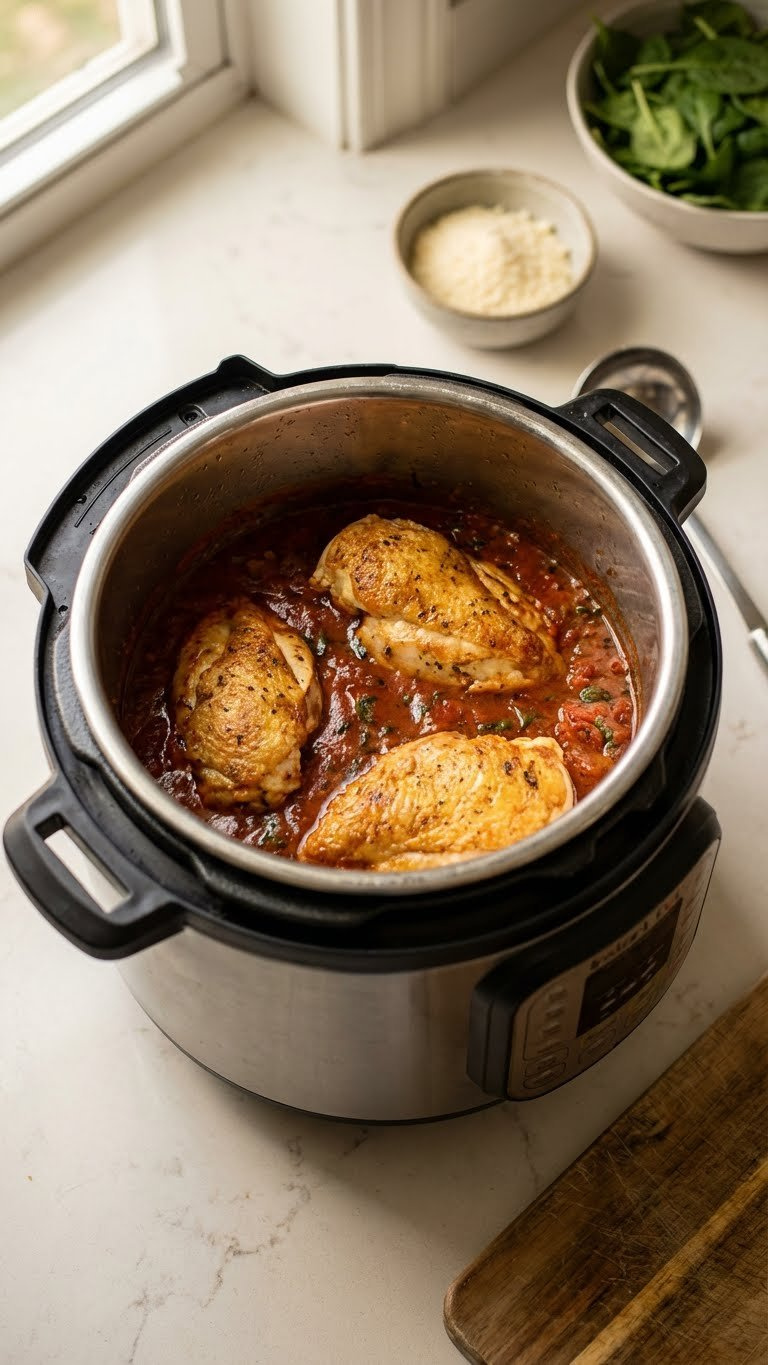Golden-Brown Chicken Breasts In Rich Reddish Sauce Inside An Instant Pot, With A Blurred Spinach Background And Ladle.