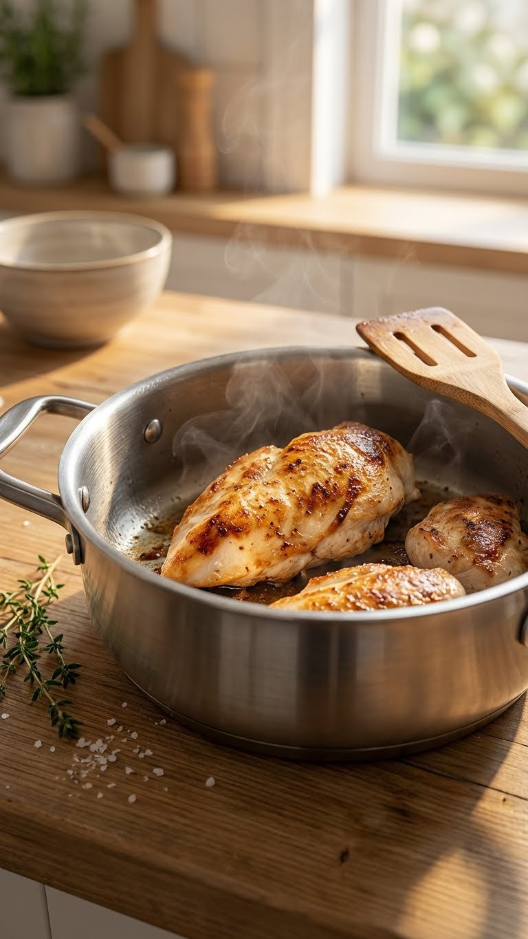 Golden-Brown Chicken Breasts Searing In An Instant Pot With Steam, A Wooden Spatula, And Fresh Herbs In A Warm Kitchen.