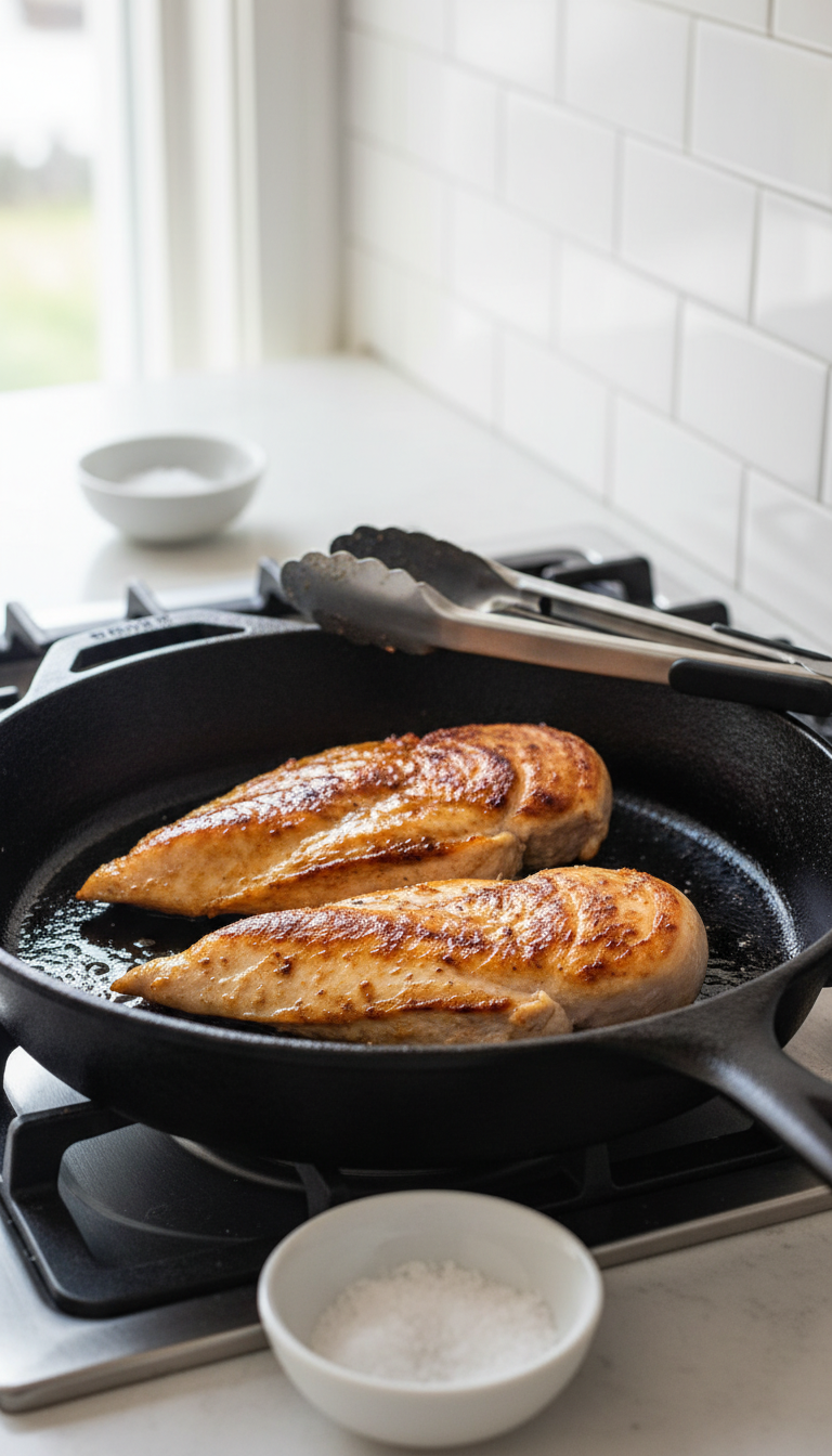 Golden Brown Chicken Cutlets Searing In A Black Cast Iron Skillet With Tongs And A Salt Bowl Nearby.