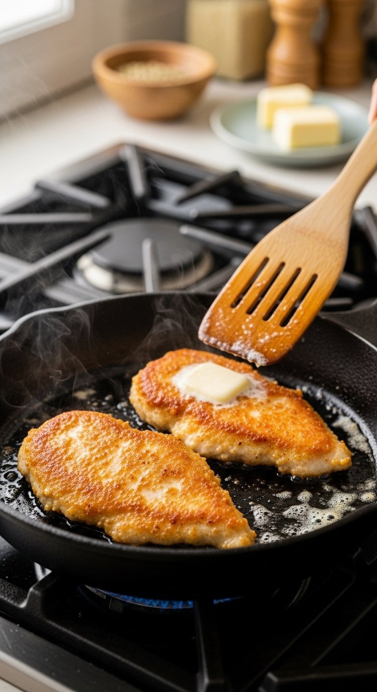 Golden-Brown Chicken Cutlets Searing In A Hot Cast Iron Skillet With Melted Butter.