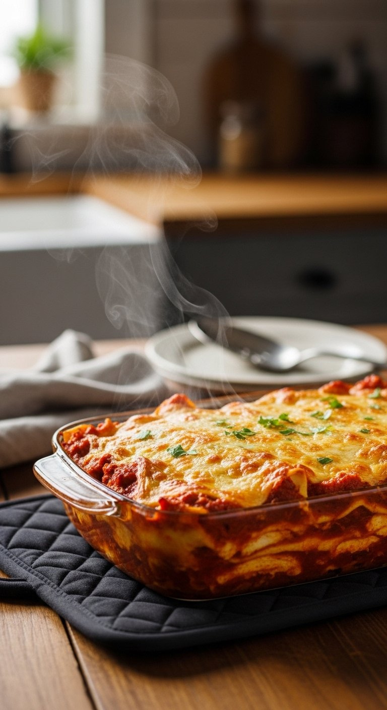 Golden Brown Chicken Enchilada Casserole With Bubbling Cheese Crust And Rising Steam On A Wooden Table.