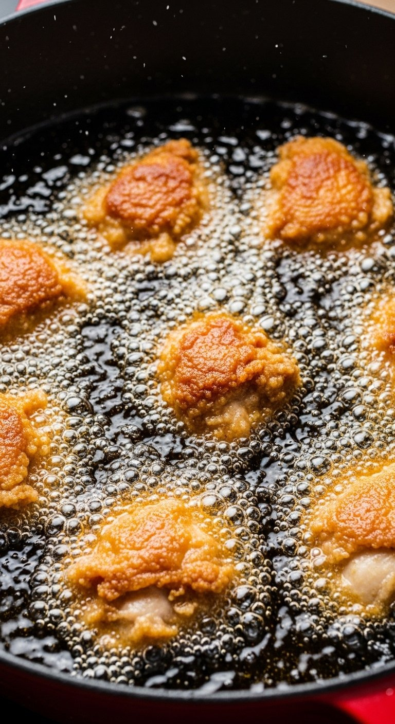 Golden Brown Chicken Pieces Frying Vigorously In Hot Oil During The Second Crispy Frying Stage.