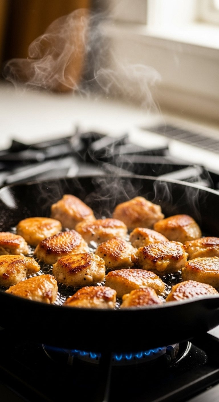 Golden-Brown Chicken Pieces Sizzling In A Black Cast Iron Skillet With Warm Lighting And Steam Rising.