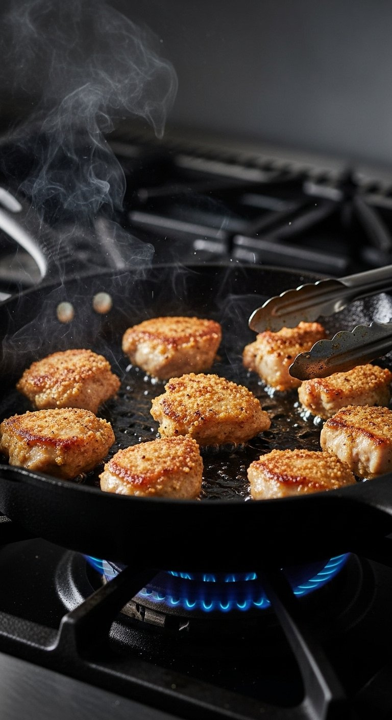 Golden-Brown Chicken Pieces Sizzling In A Hot Black Cast Iron Skillet With Steam Rising On A Stove.