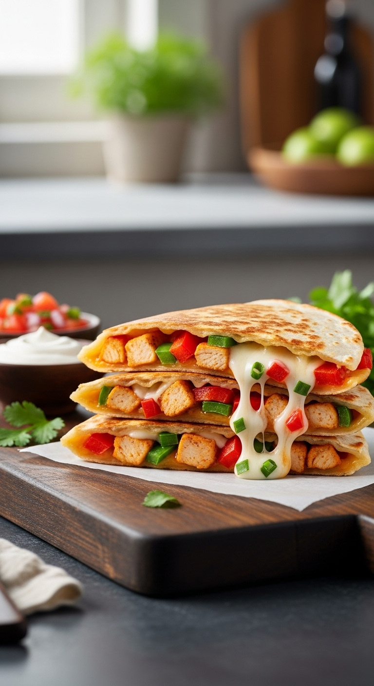 Golden Brown Chicken Quesadillas With Melted Cheese Pull On A Rustic Board With Pico De Gallo And Sour Cream In A Warm Kitchen Setting