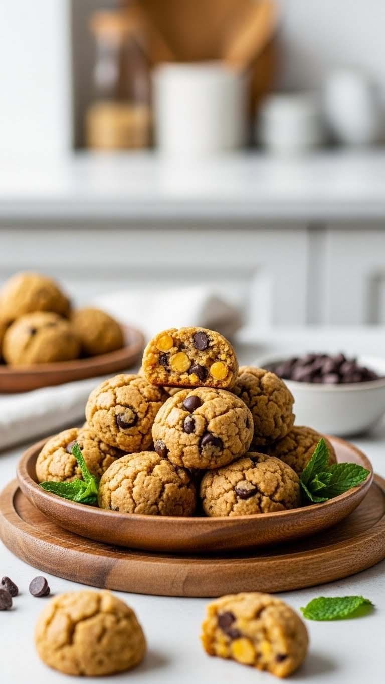 Golden-Brown Chickpea Cookie Dough Bites With Chocolate Chips On Rustic Wooden Platter