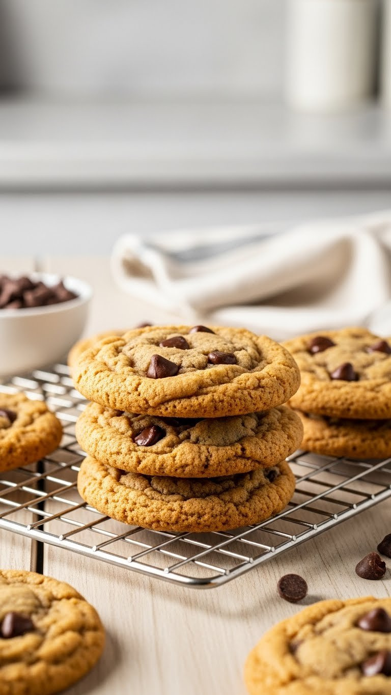 Golden Brown Chocolate Chip Cookies Stacked On Cooling Rack, Showcasing Crinkled Edges, Moist Center From Egg Substitute. Warm Golden Hour Light.