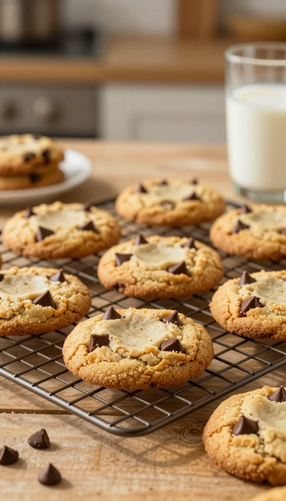 Golden-Brown Chocolate Chip Cookies With Crinkled Edges On Cooling Rack With Glass Of Milk On Rustic Wooden Table