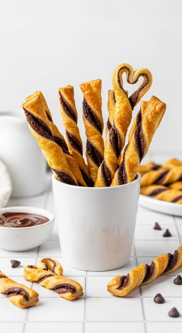Golden-Brown Chocolate Swirl Puff Pastry Dippers With A Heart Detail, Arranged In A White Mug With Dipping Sauce And Chips.