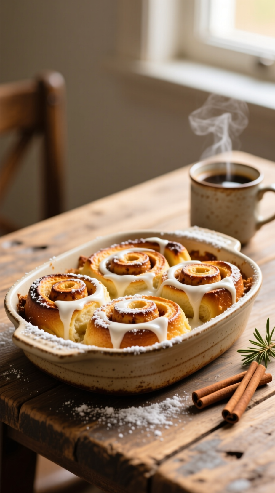 Golden-Brown Cinnamon Roll French Toast Casserole With White Icing &Amp; Powdered Sugar In A Rustic Baking Dish. Holiday Brunch.