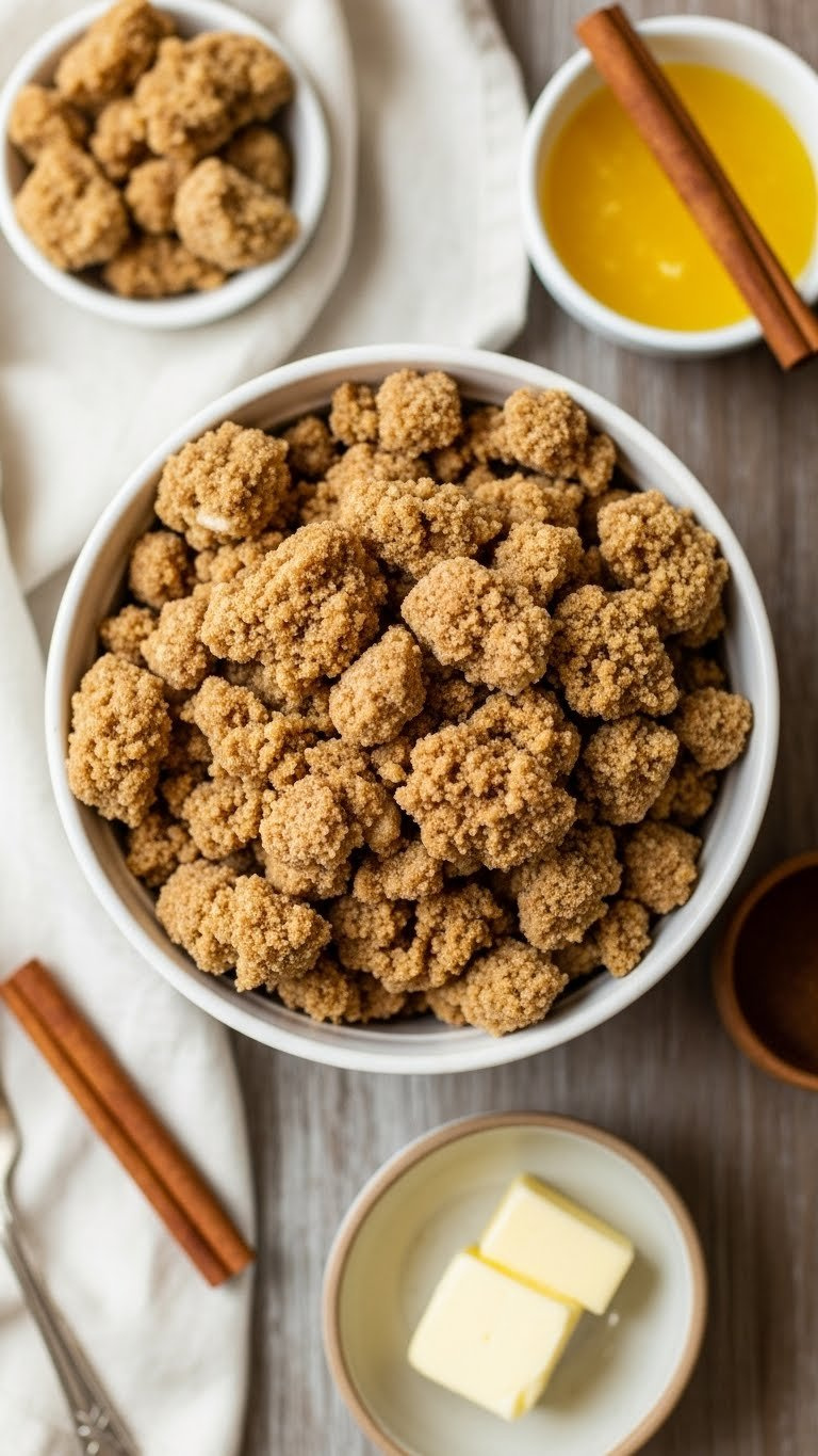 Golden-Brown Cinnamon Streusel Crumbs With Butter Flecks In Coarse Textured Mixture Ready For Baking