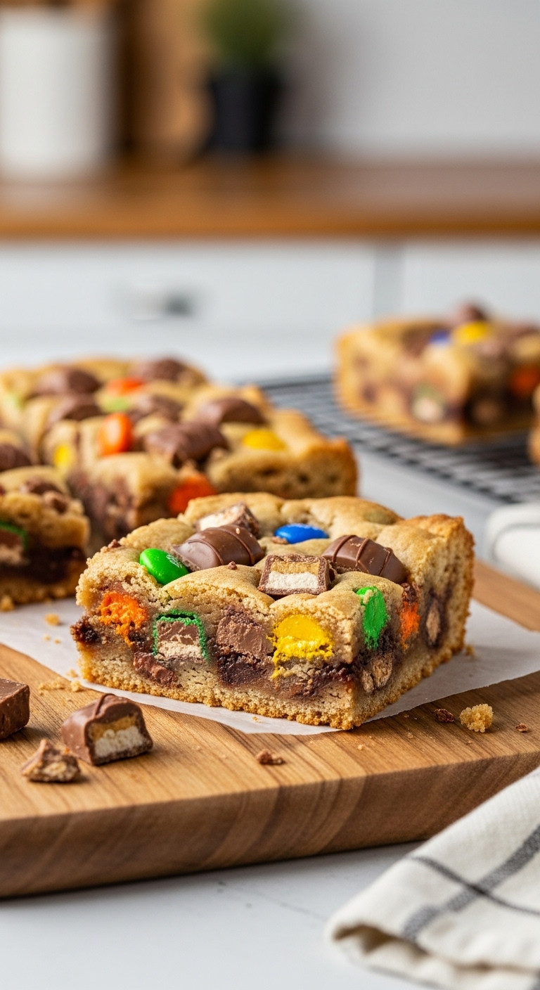 Golden-Brown Cookie Bar Cut On A Rustic Board, Revealing A Gooey Interior With Melted Snickers, Milky Way, Kit Kat Halloween Candy Bits.