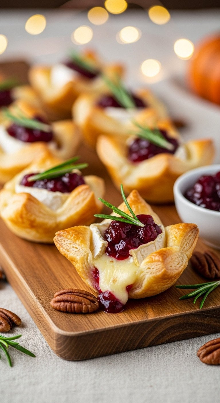 Golden-Brown Cranberry Brie Bites In Flaky Puff Pastry On A Rustic Wooden Board, Garnished With Rosemary For A Thanksgiving Appetizer.