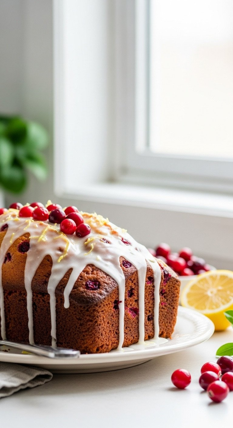 Golden-Brown Cranberry Pound Cake Loaf With A Thick Lemon Glaze Dripping Down Its Sides, Served On A Vintage Plate.