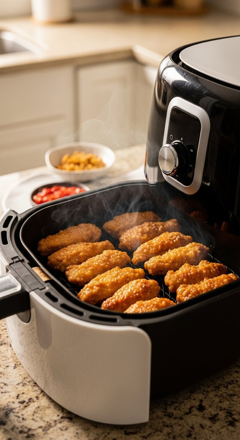 Golden-Brown Crispy Korean Chicken Pieces Arranged In A Modern Air Fryer Basket On Granite Countertop.