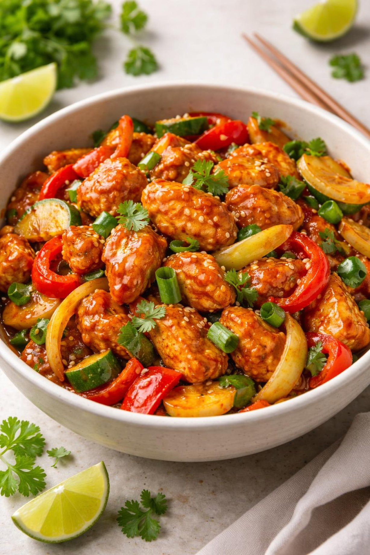 Golden Brown Crispy Air Fryer Chicken Pieces Lightly Glazed With A Sticky Vibrant Gochujang Sauce Topped With Sesame Seeds.