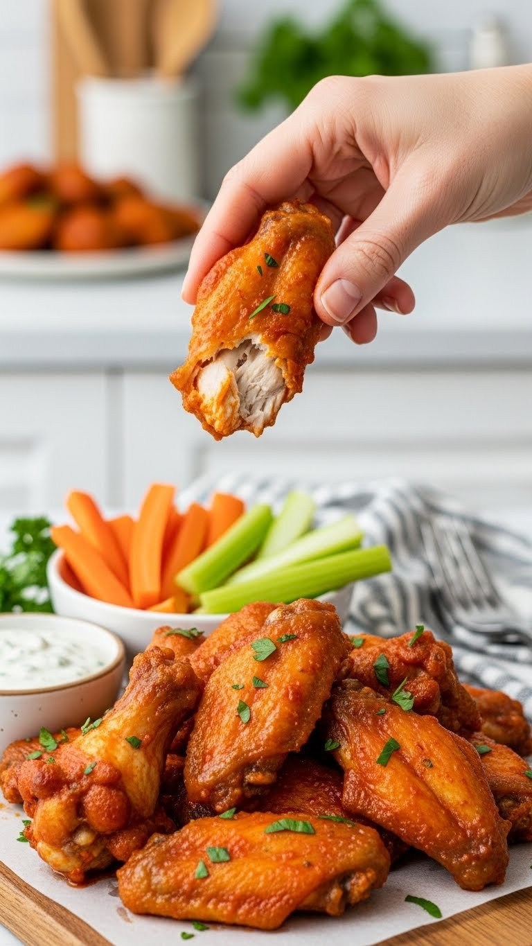 Golden-Brown Crispy Baked Buffalo Chicken Wings With Celery Sticks And Blue Cheese Dressing On Rustic Wooden Board