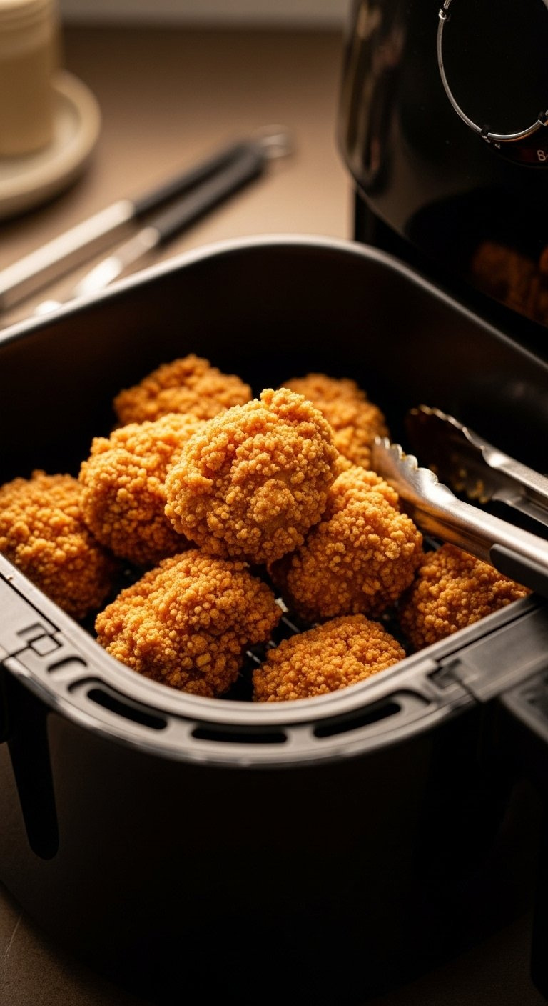 Golden-Brown Crispy Bang Bang Chicken Bites Cooked Inside An Air Fryer Basket With Metal Tongs.