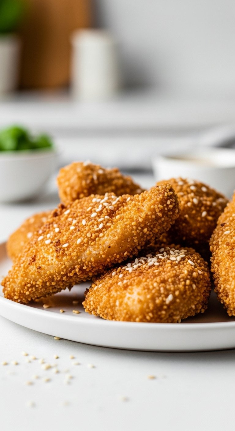 Golden-Brown Crispy Chicken Bites With Textured Coating Served On A White Plate In A Bright Kitchen Setting.