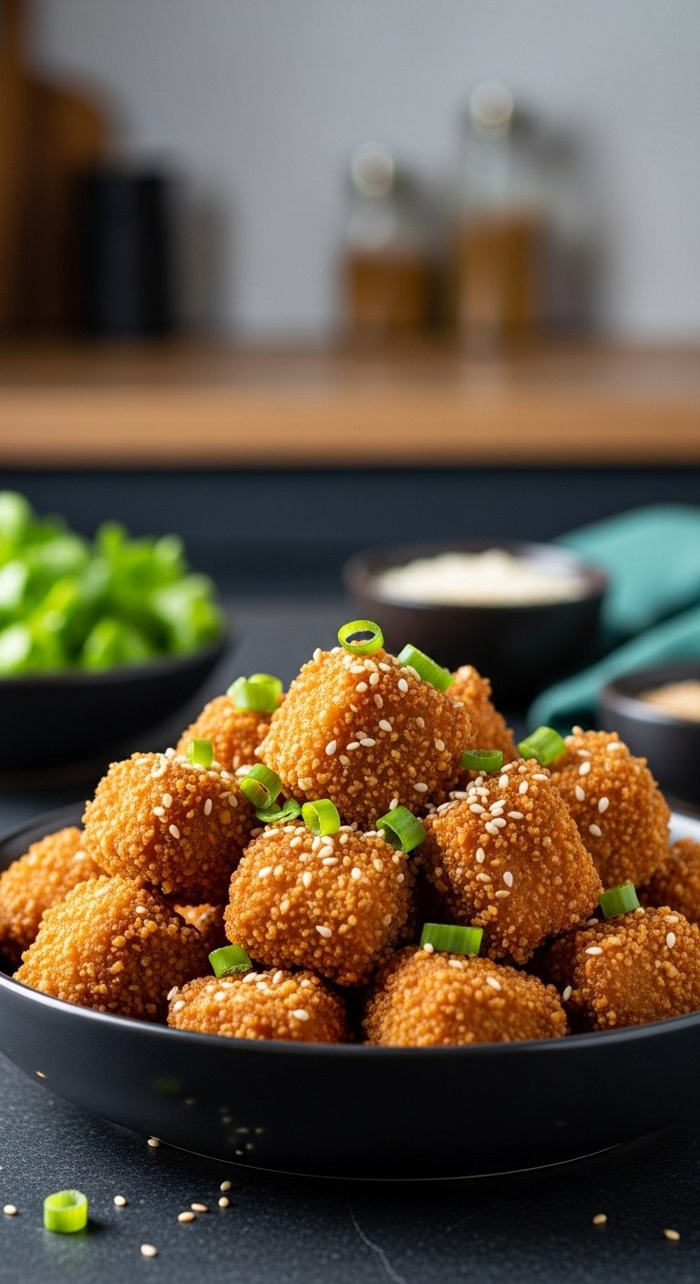 Golden-Brown Crispy Chicken Cubes Garnished With Sesame Seeds And Green Onions In A Bowl On A Dark Stone Surface.