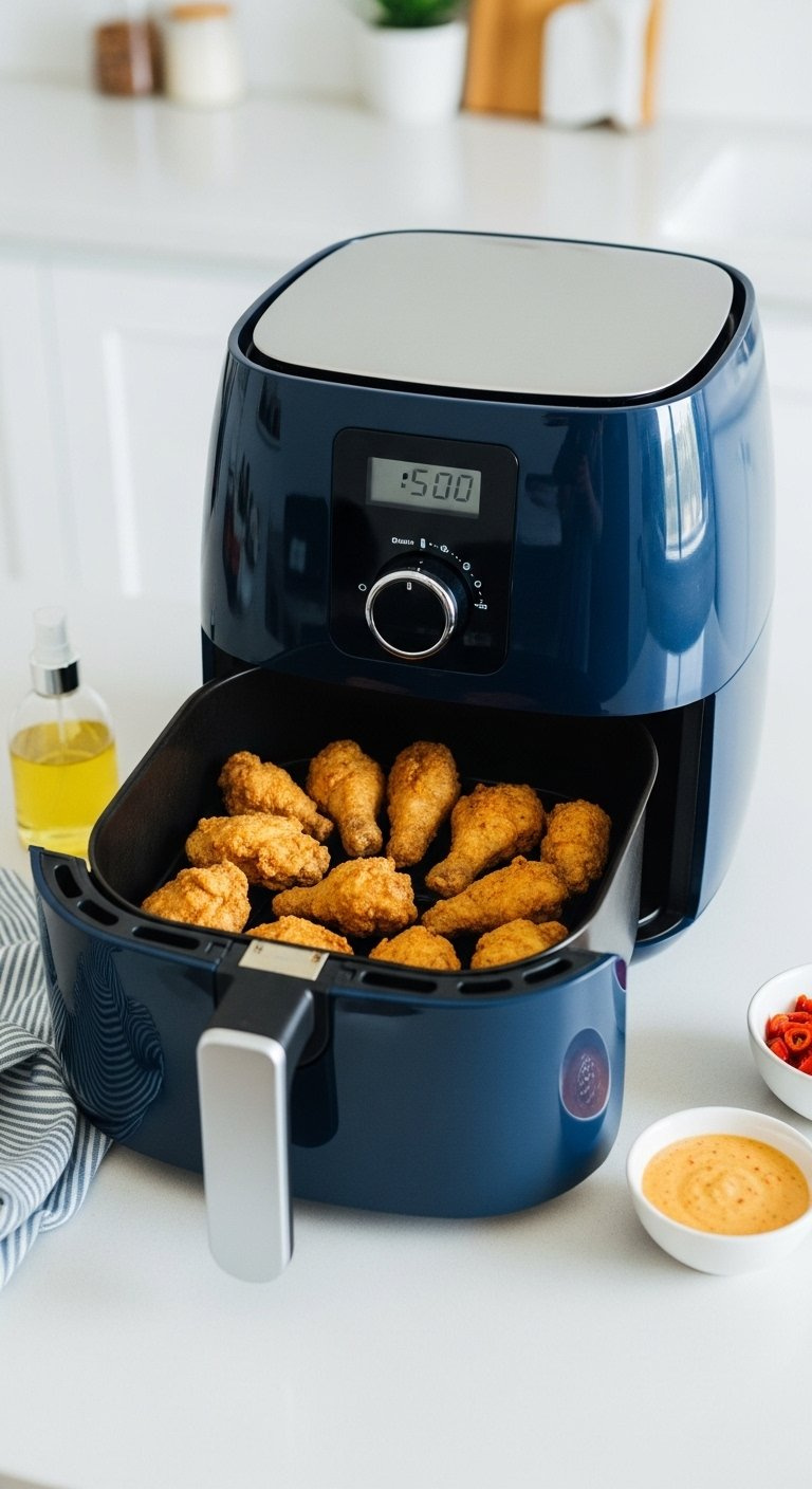 Golden-Brown Crispy Chicken Pieces Arranged In A Single Layer Inside An Air Fryer Basket.