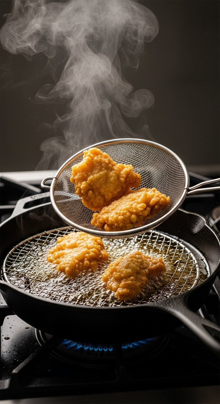 Golden-Brown Crispy Chicken Pieces Being Lifted From Hot Bubbling Oil With A Metal Spider Strainer.