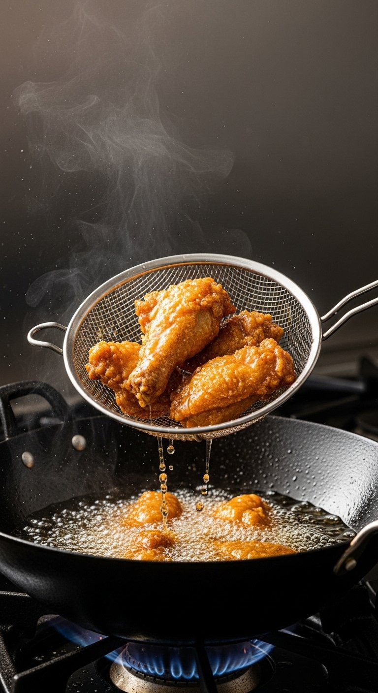 Golden-Brown Crispy Chicken Pieces Being Lifted From Hot Oil With A Metal Spider Strainer.