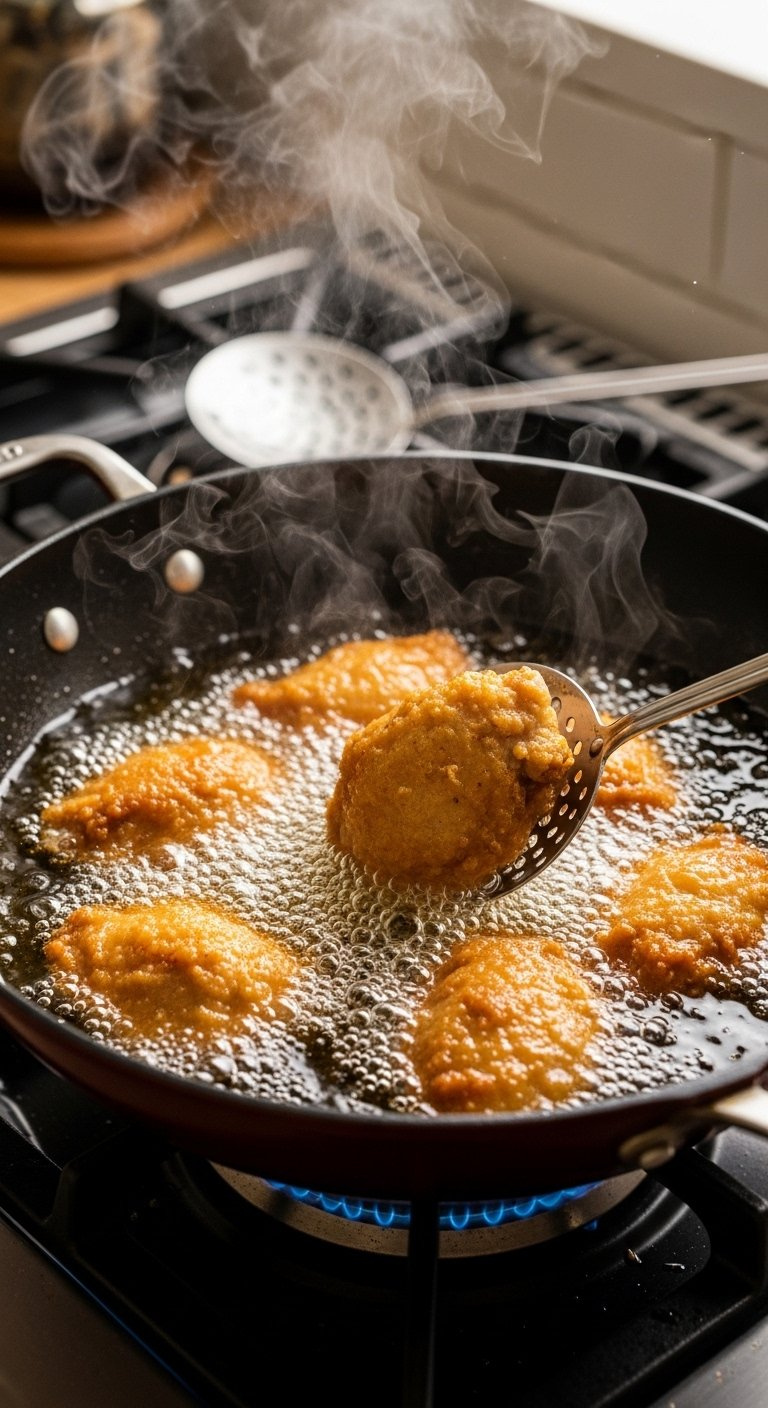 Golden-Brown Crispy Chicken Pieces Sizzling In Bubbling Hot Oil In A Dutch Oven.
