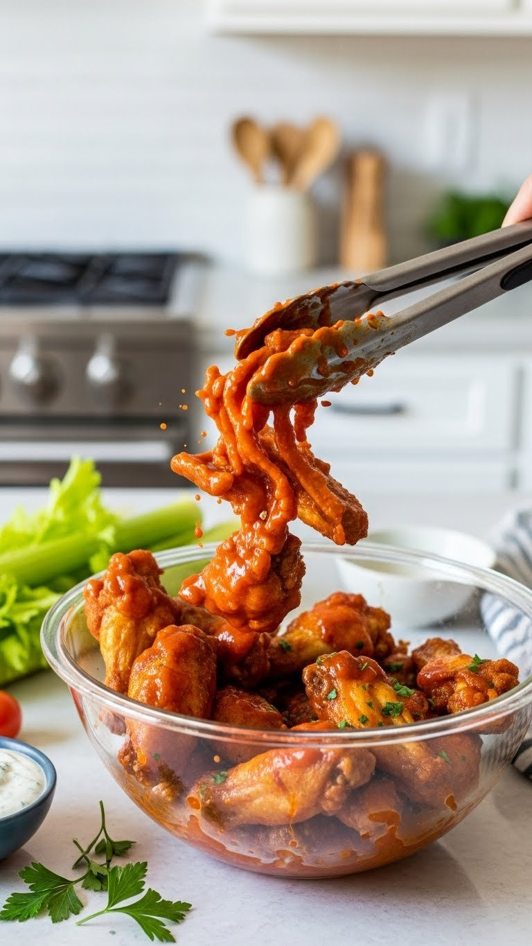 Golden-Brown Crispy Chicken Wings Being Tossed In Vibrant Buffalo Sauce In Mixing Bowl With Tongs And Fresh Celery