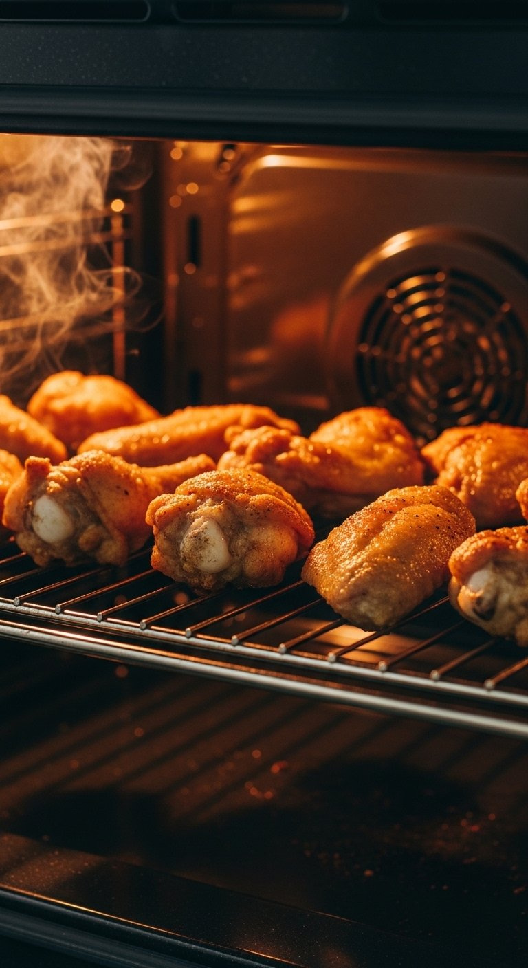 Golden Brown Crispy Chicken Wings Sizzling On A Wire Rack Inside A Glowing Oven.