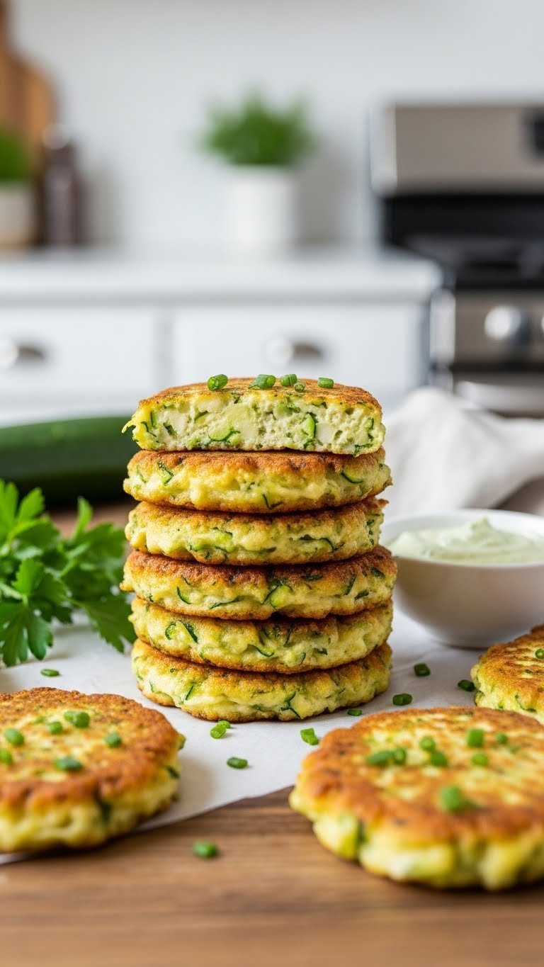 Golden Brown Crispy Oven-Baked Zucchini Fritters Stacked With Green Zucchini Flecks Against Rustic Wooden Table Background