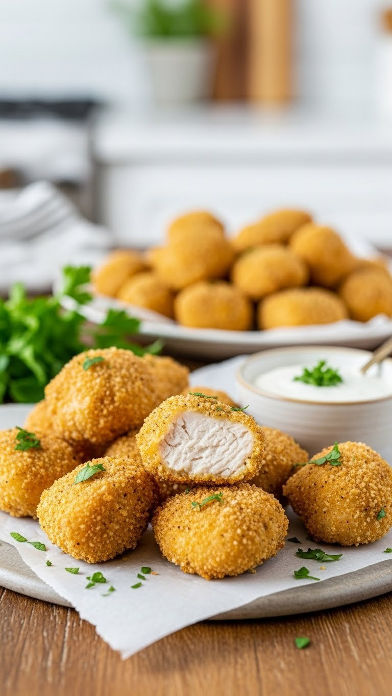 Golden-Brown Crispy Ranch Chicken Bites With Textured Seasoning Crust Served With Ranch Dipping Sauce On Rustic Wooden Table
