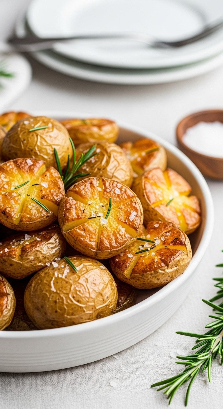 Golden-Brown Crispy Roast Potatoes With Sea Salt Flakes, Rosemary In A White Ceramic Bowl On A Linen Tablecloth.