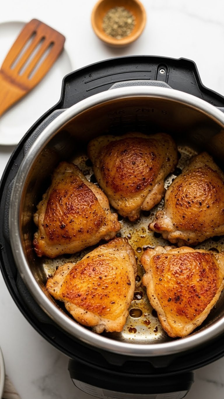 Golden-Brown, Crispy Skin Chicken Thighs Searing In An Instant Pot, Glistening With Oil Under Warm Light On A Kitchen Counter.
