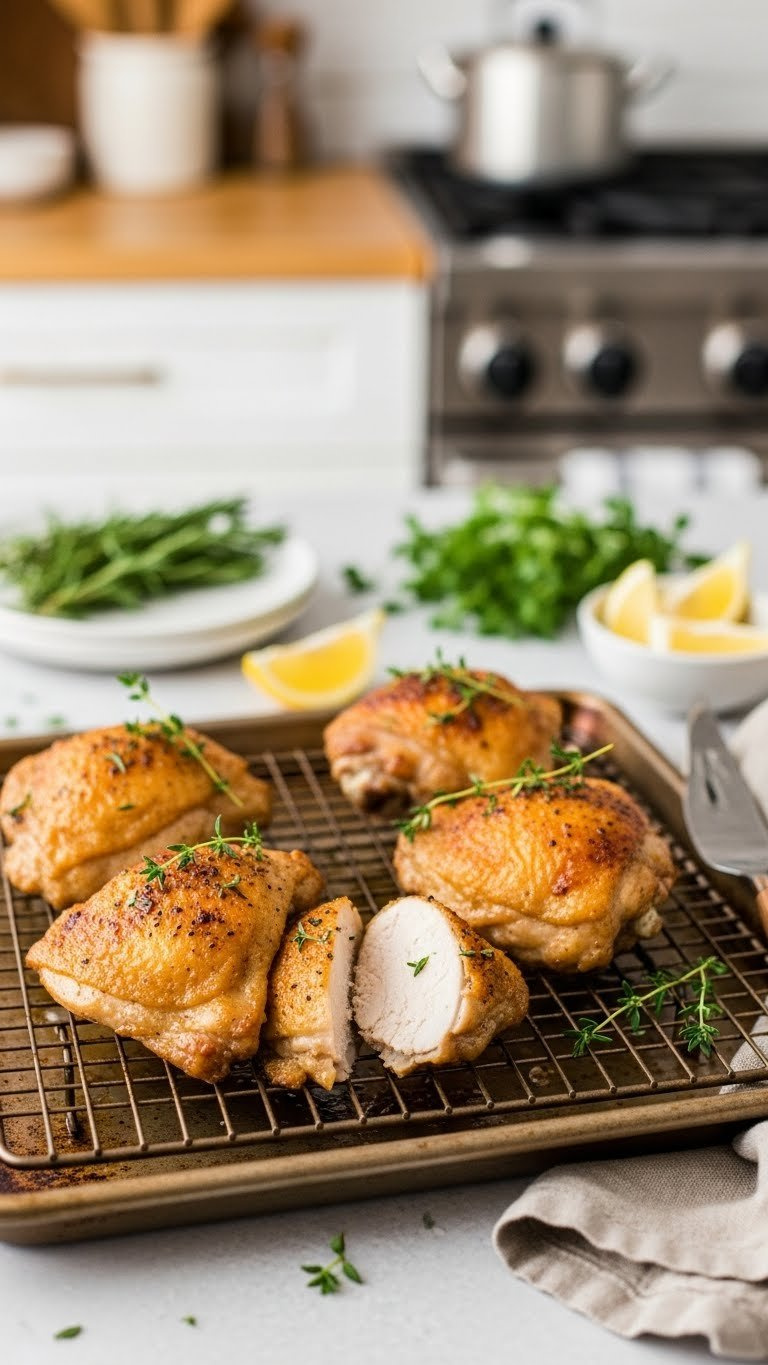 Golden-Brown Crispy-Skinned Baked Chicken Thighs Resting On Wire Rack With Fresh Herbs And Lemon Wedges In Warm Kitchen Setting