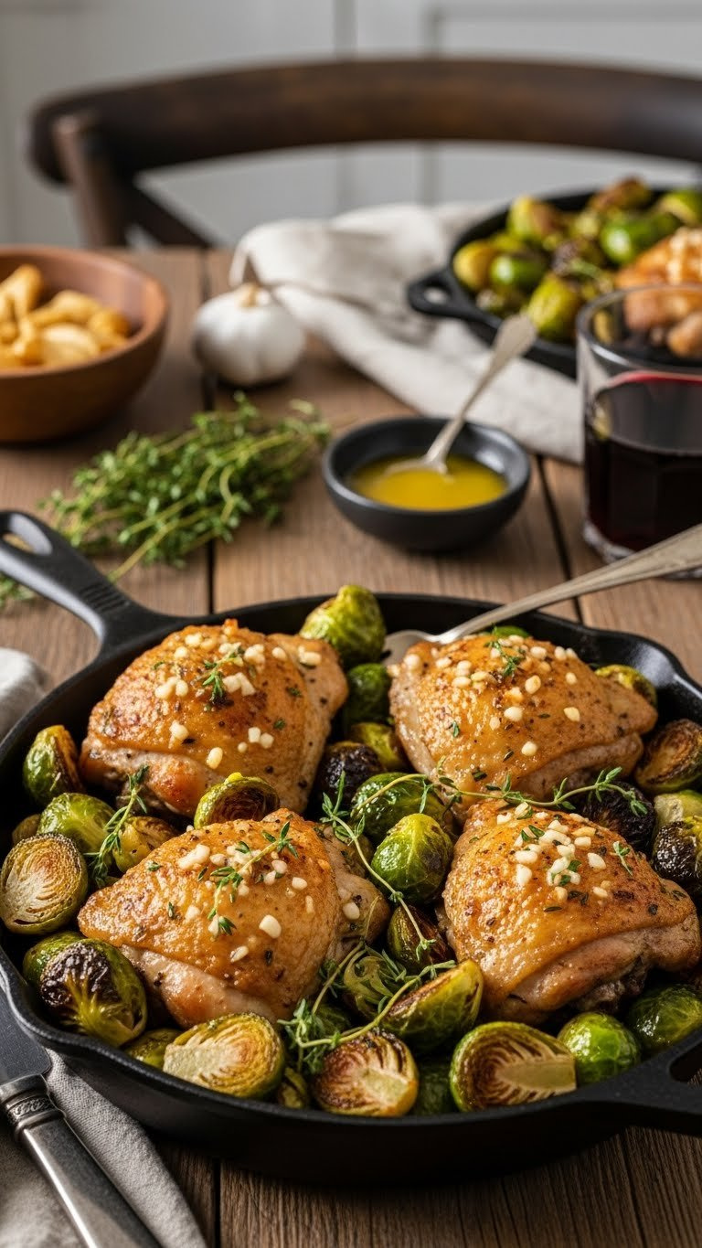 Golden-Brown Crispy-Skinned Chicken Thighs With Roasted Caramelized Brussels Sprouts In Garlic Butter Sauce