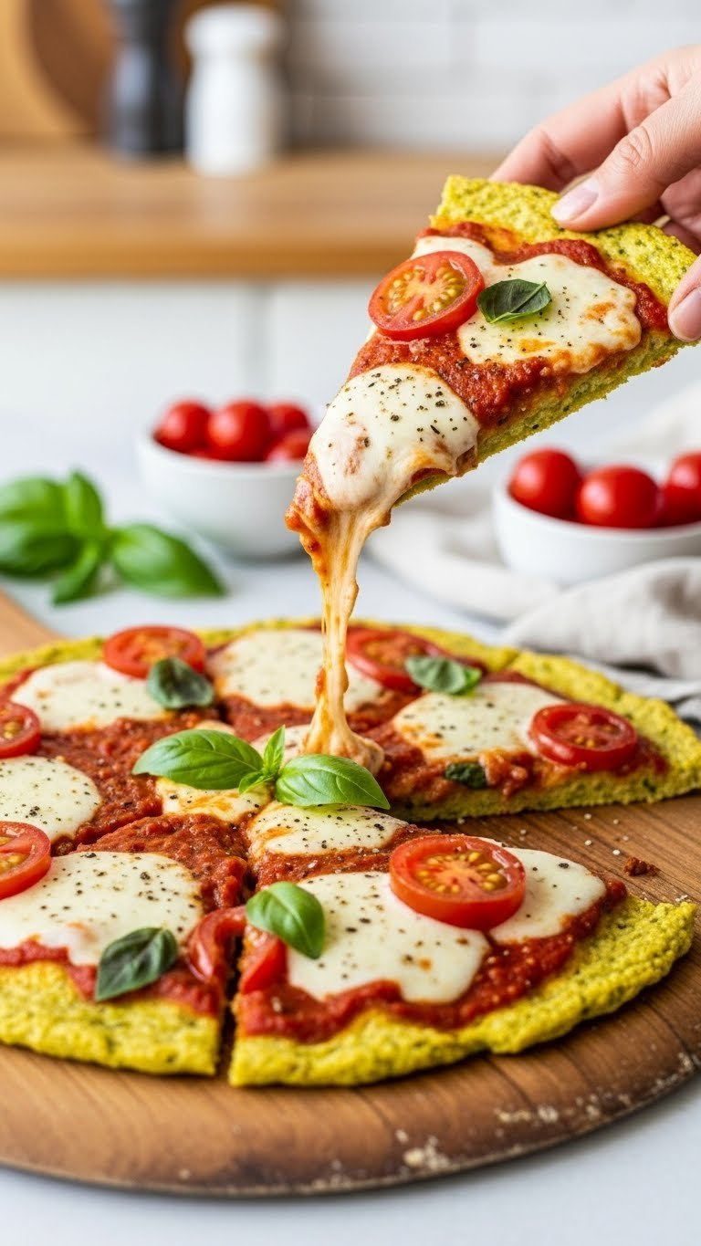 Golden-Brown Crispy Thin-Crust Keto Zucchini Pizza Topped With Melted Mozzarella, Red Marinara Sauce, And Fresh Basil Leaves On Rustic Wooden Peel
