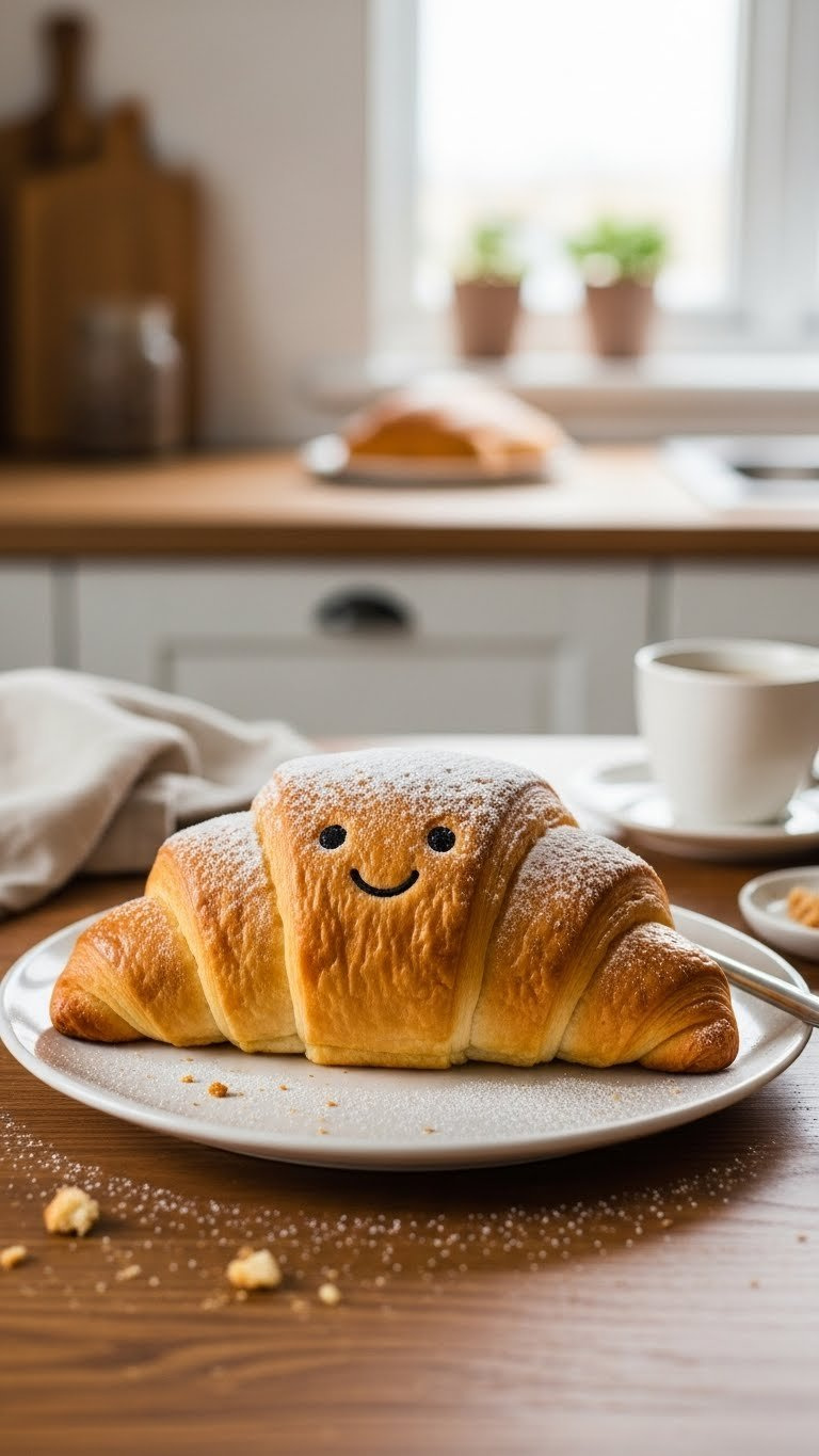 Golden-Brown Croissant-Shaped Cake With Embroidered Smile And Powdered Sugar On Rustic Wooden Table With Coffee