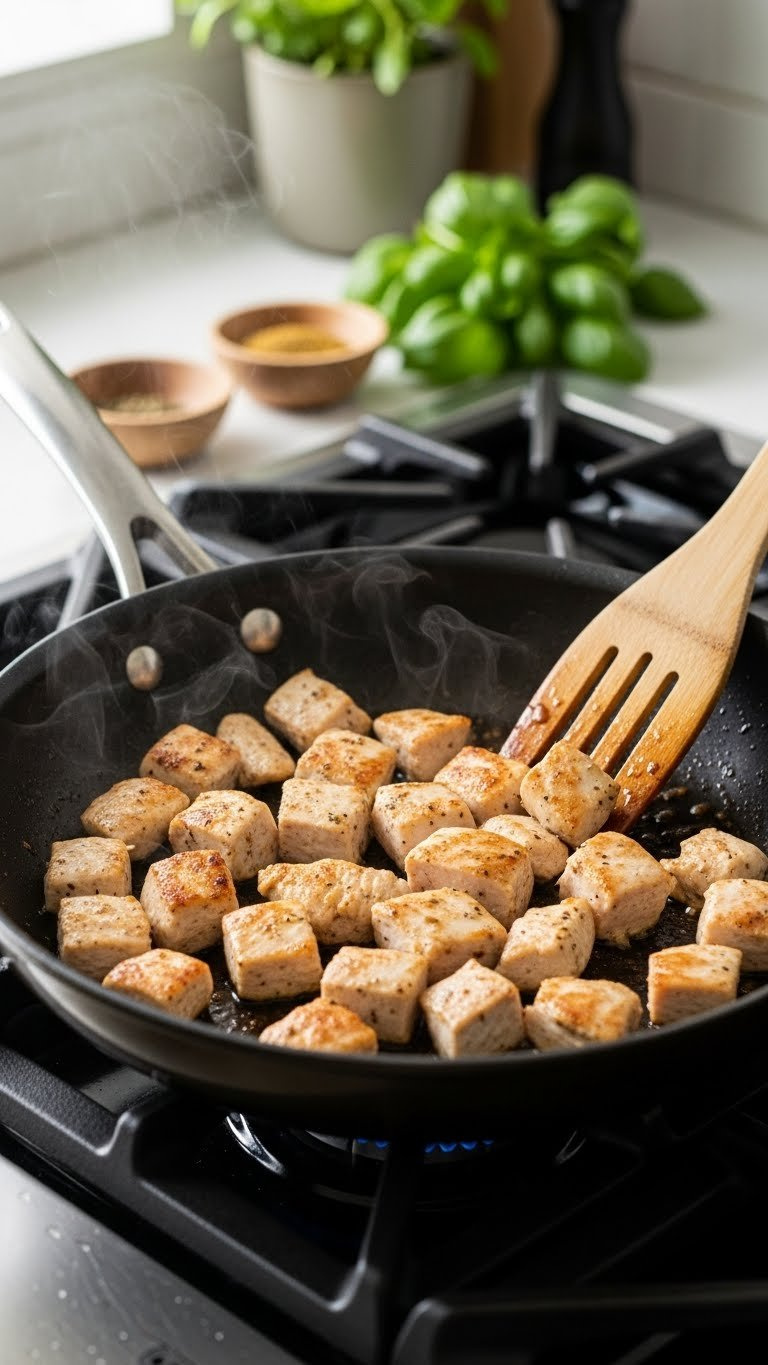 Golden Brown Diced Chicken Breast Sautéing In Non-Stick Skillet With Herbs And Aromatics On Stovetop