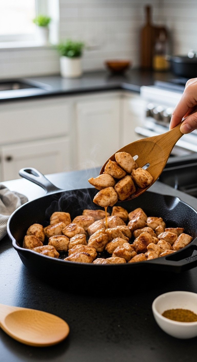 Golden Brown Diced Chicken Searing In A Black Cast Iron Skillet On A Dark Granite Countertop.