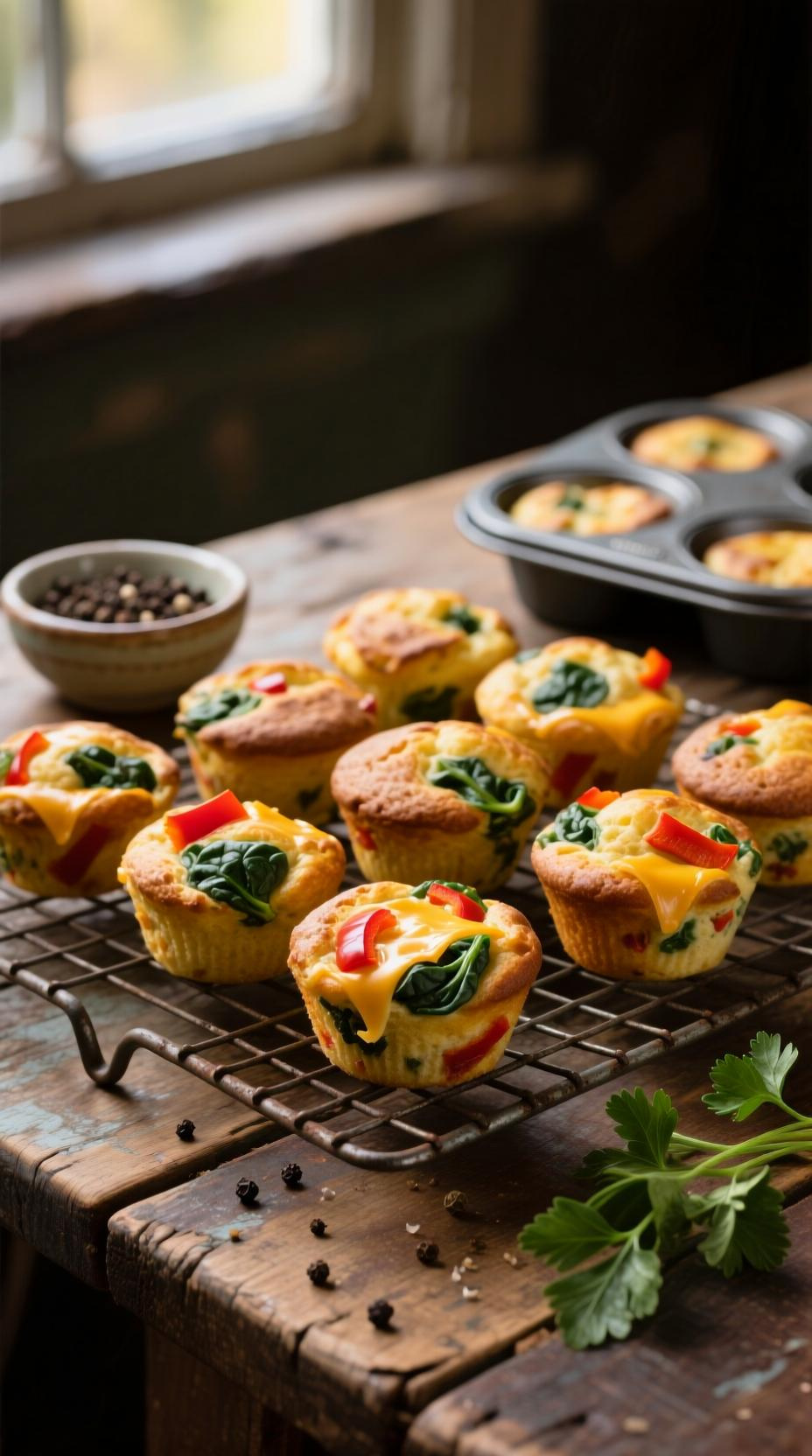 Golden-Brown Egg Muffins With Bell Pepper Spinach And Cheddar Cheese Cooling On A Wire Rack On A Rustic Wood Table