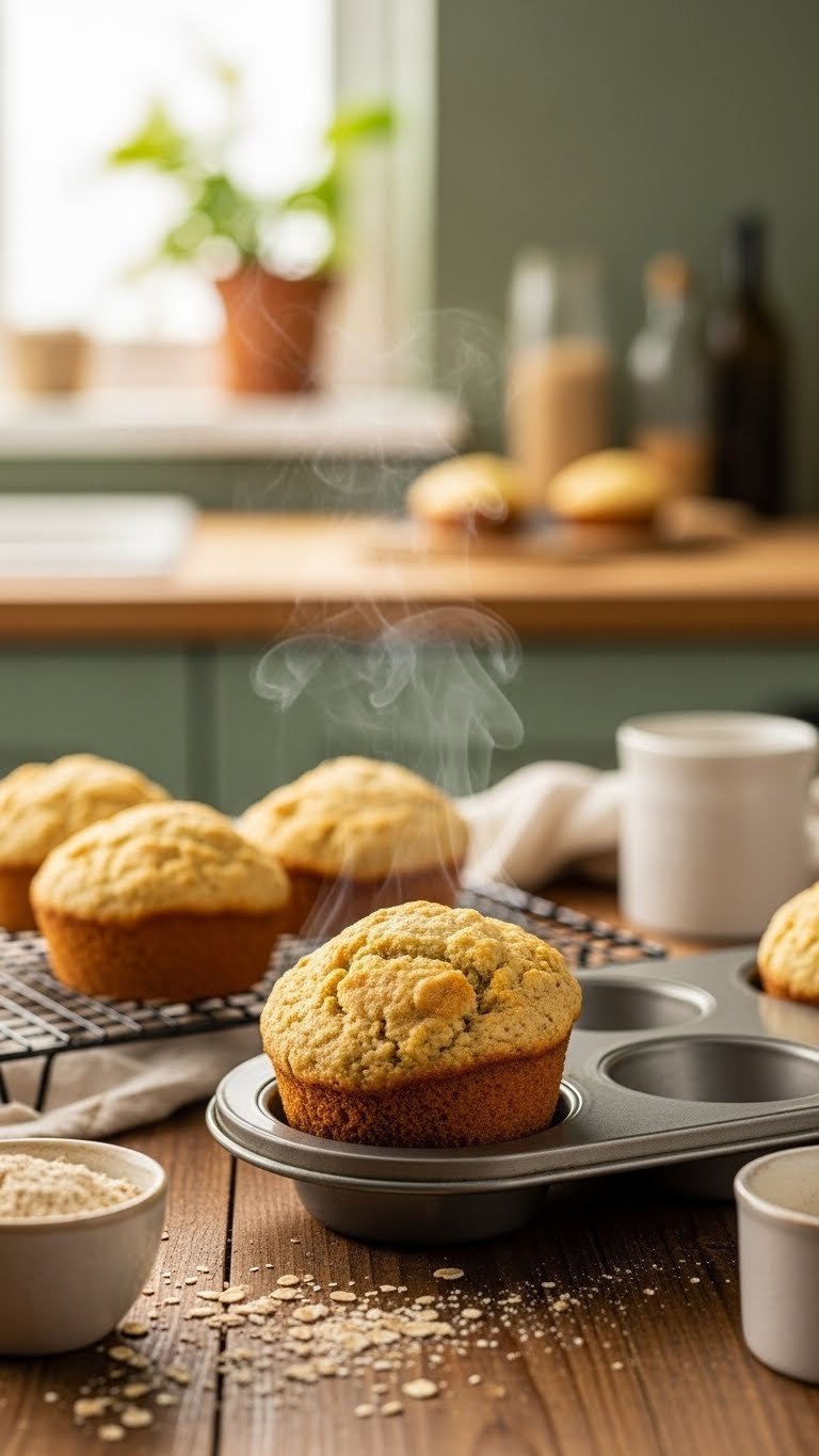 Golden-Brown Eggless Muffin Rising From Baking Tin With Steam Rising, Showcasing Light Fluffy Texture On Rustic Wooden Table.