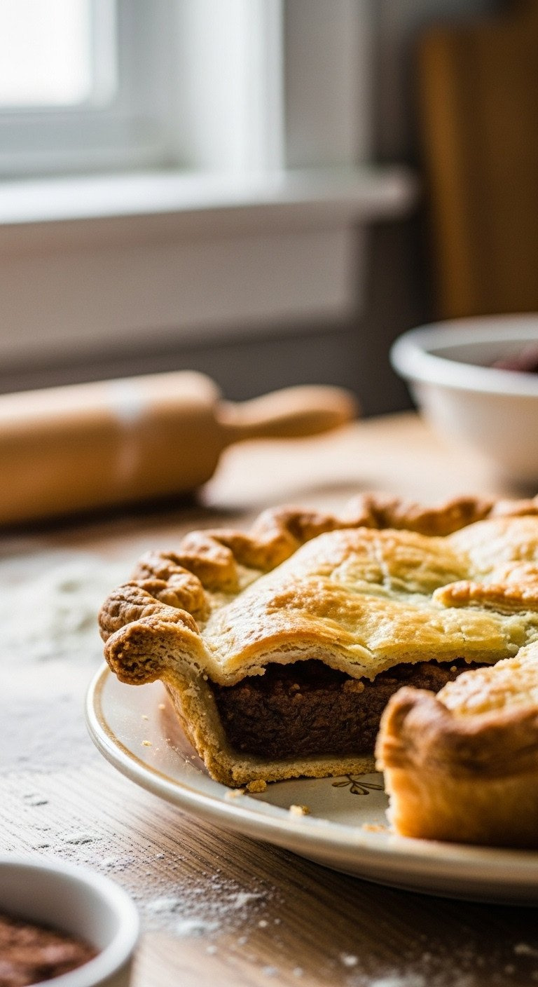 Golden-Brown, Flaky Vegan Pie Crust Edge With Distinct Layers And Crimped Detail, Perfect For Plant-Based Baking.