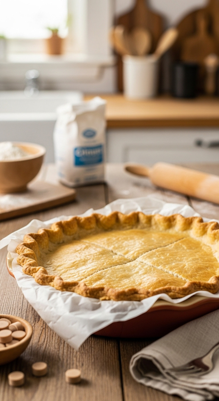 Golden-Brown, Flaky Blind-Baked Pie Crust In A Rustic Ceramic Dish With Pie Weights, On A Wooden Table, Kitchen Background.