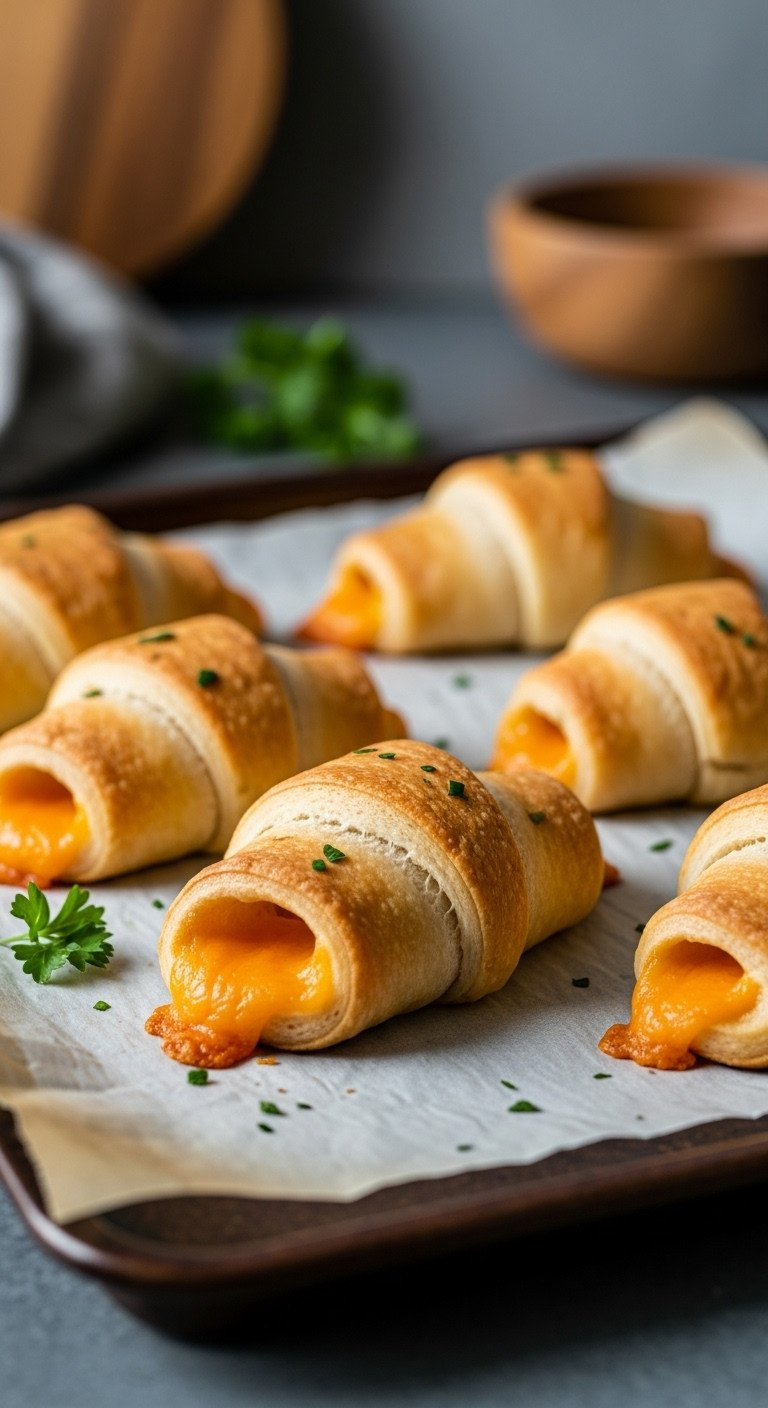 Golden-Brown, Flaky Crescent Rolls With Melted Cheddar Cheese, Baked On Parchment Paper, Garnished With Fresh Parsley.