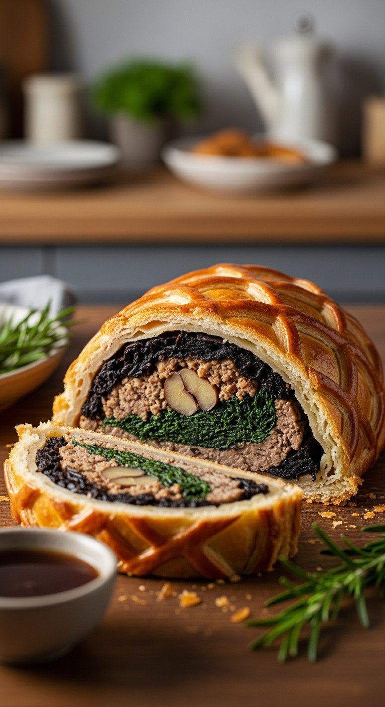 Golden-Brown, Flaky Lattice-Crusted Mushroom Wellington Slice Showing Savory Mushroom Duxelles, Spinach, And Chestnut Stuffing On Rustic Wood.