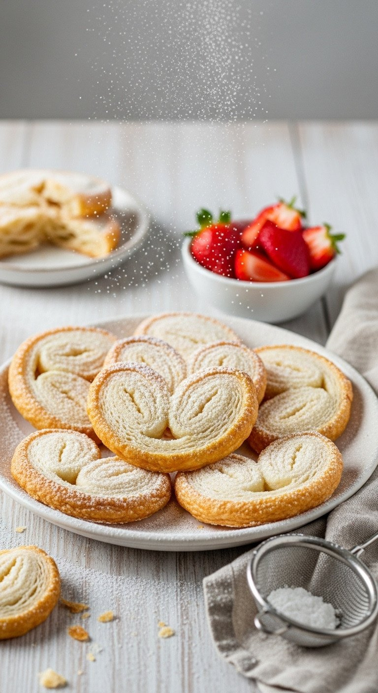 Golden Brown Flaky Strawberry Palmiers Dusted With Powdered Sugar, Arranged On A Vintage Plate With Fresh Berries.