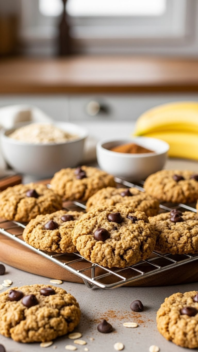 Golden-Brown Flourless Banana Oatmeal Cookies With Chocolate Chips Arranged On A Wooden Cooling Rack With Cinnamon And Oats Background
