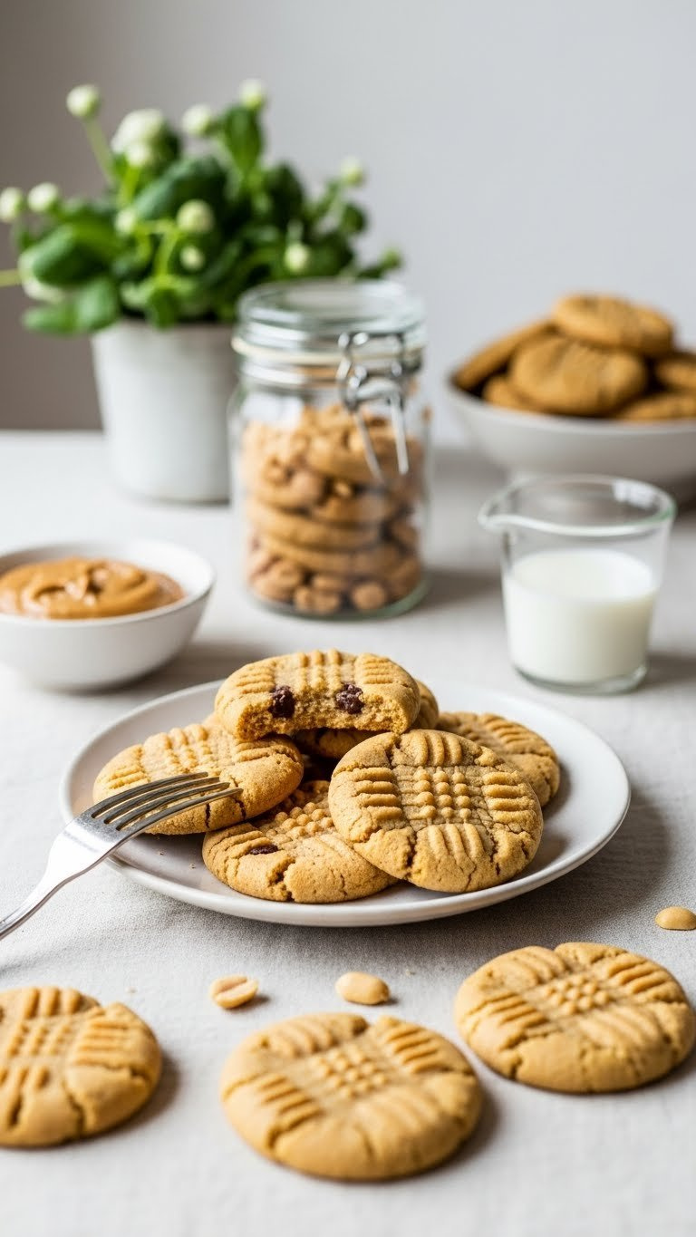 Golden-Brown Flourless Peanut Butter Cookies With Fork Marks And Chocolate Chips On Linen Tablecloth
