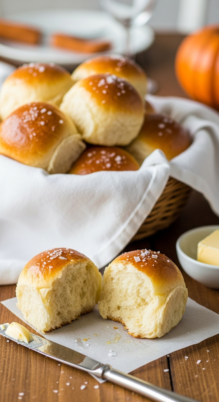 Golden-Brown Fluffy Parker House Rolls In Basket, One Broken Open. Butter, Knife. Warm Thanksgiving Bread.